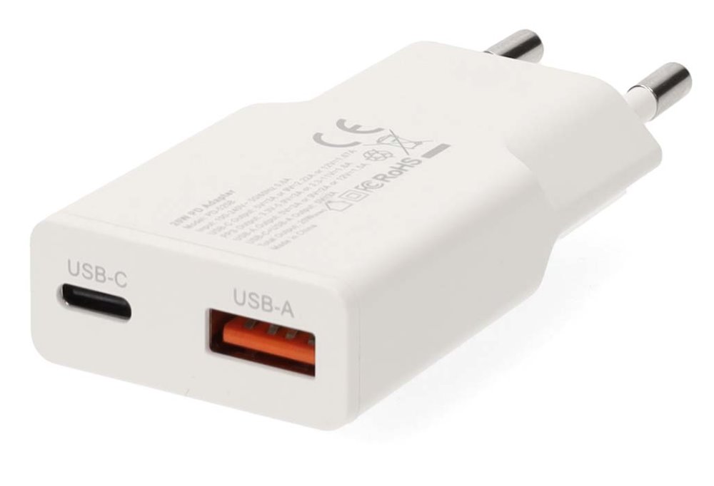 NEDIS síťová nabíječka/ 20 W/ PD 3.0/ rychlé nabíjení/ 1.5 / 2.0 / 2.22 / 3.0 A/ USB-A/ USB-C/ bílá/ kabel 1,5m