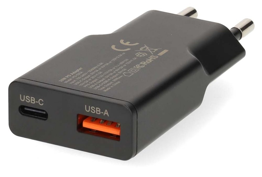 NEDIS síťová nabíječka/ 30 W/ PD 3.0/ rychlé nabíjení/ 1.5 / 2.0 / 2.22 / 3.0 A/ USB-A/ USB-C/ černá/ kabel 1,5m