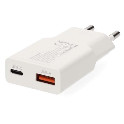 NEDIS síťová nabíječka/ 20 W/ PD 3.0/ rychlé nabíjení/ 1.5 / 2.0 / 2.22 / 3.0 A/ USB-A/ USB-C/ bílá/ kabel 1,5m