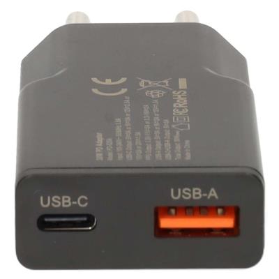 NEDIS síťová nabíječka/ 20 W/ PD 3.0/ rychlé nabíjení/ 1.5 / 2.0 / 2.22 / 3.0 A/ USB-A/ USB-C/ černá/ kabel 1,5m