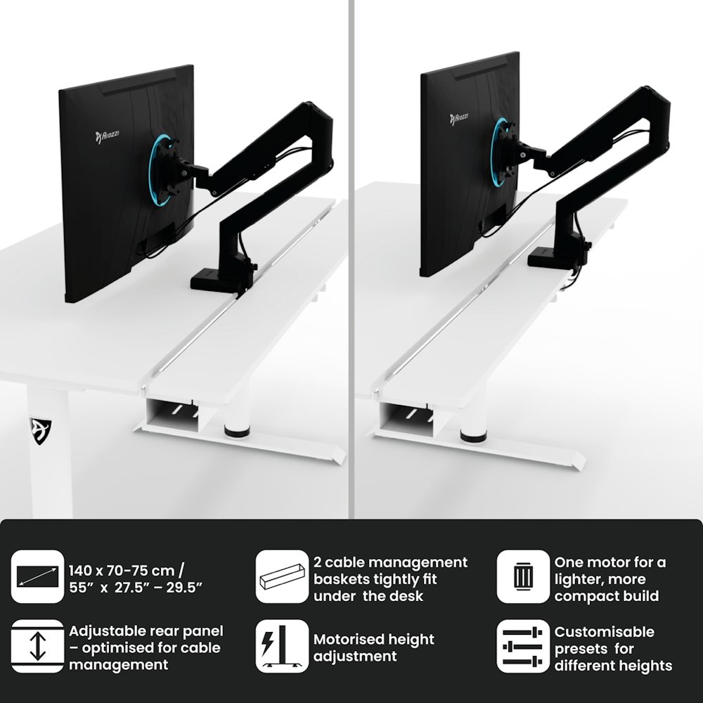 AROZZI herní stůl ARENA NORDICO White/ motorizovaný/ barva deska bílá, nohy bílé/ šíře 140cm/ výška 71-115 cm
