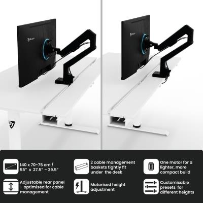 AROZZI herní stůl ARENA NORDICO White/ motorizovaný/ barva deska bílá, nohy bílé/ šíře 140cm/ výška 71-115 cm