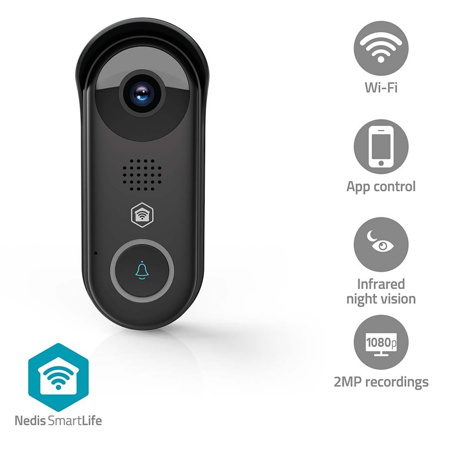 NEDIS Wi-Fi chytrý dveřní videotelefon/ 1920x1080/ 2Mpix/ IP54/ transformátor/ snímač pohybu/ noční vidění/ Onvif/ černý