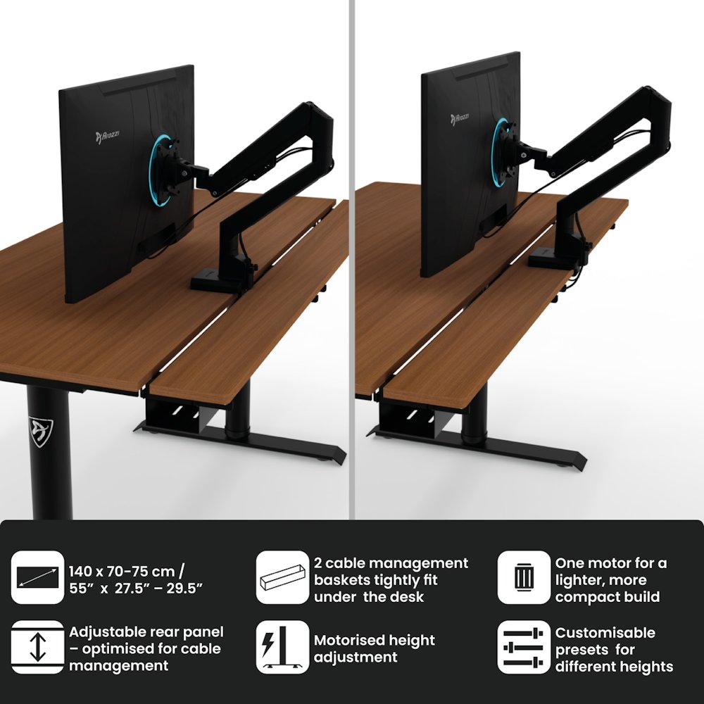 AROZZI herní stůl ARENA NORDICO Dark Walnut/ motorizovaný/ barva deska ořech, nohy černé/ šíře 140cm/ výška 71-115 cm
