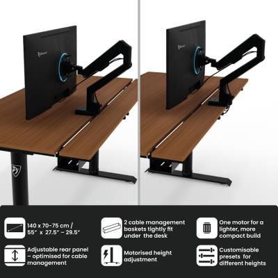 AROZZI herní stůl ARENA NORDICO Dark Walnut/ motorizovaný/ barva deska ořech, nohy černé/ šíře 140cm/ výška 71-115 cm