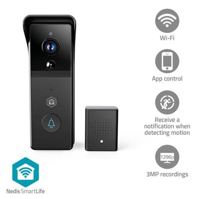 NEDIS Wi-Fi chytrý dveřní videotelefon/ 2304x1296 / 3Mpix/ napájení z baterie/ IP44/ snímač pohybu/ noční vidění/ černý