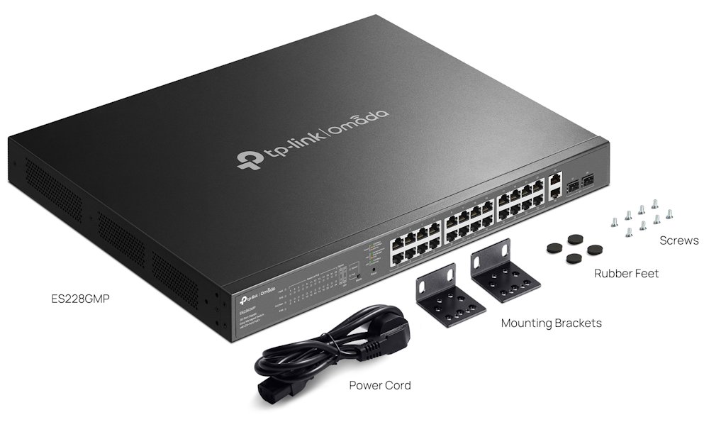 TP-Link ES228GMP, Omada 28-Port Gigabit Easy Managed Switch, 2x GLAN, 24x GLAN PoE+, 2x SFP, 384W PoE budget, 1U