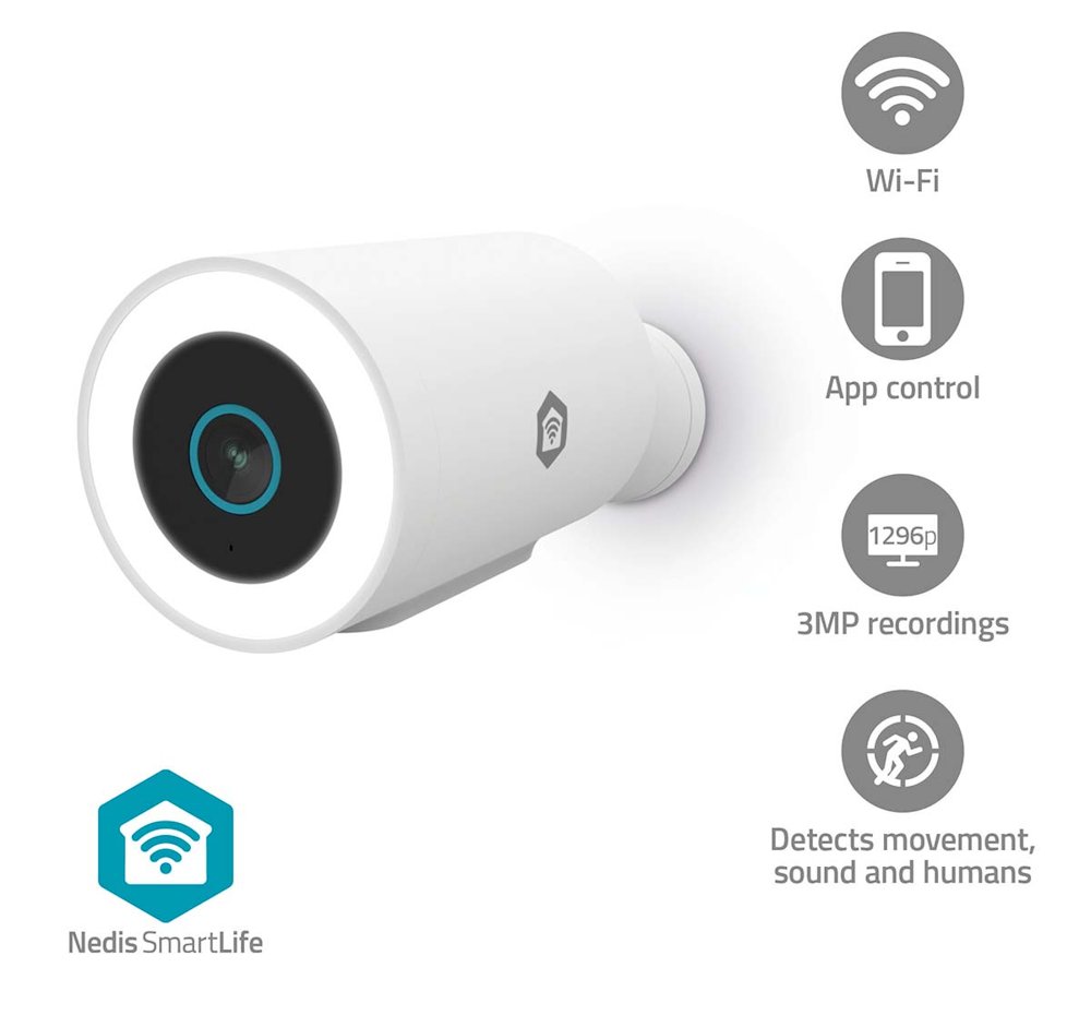 NEDIS IP kamera/ venkovní/ IP65/ Wi-Fi/ Reflektor/ 3Mpix/ 1296p/ Onvif/ detekce pohybu/ noční vidění 10m/ bílá
