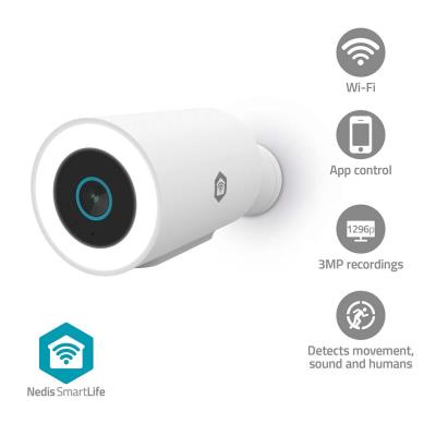 NEDIS IP kamera/ venkovní/ IP65/ Wi-Fi/ Reflektor/ 3Mpix/ 1296p/ Onvif/ detekce pohybu/ noční vidění 10m/ bílá