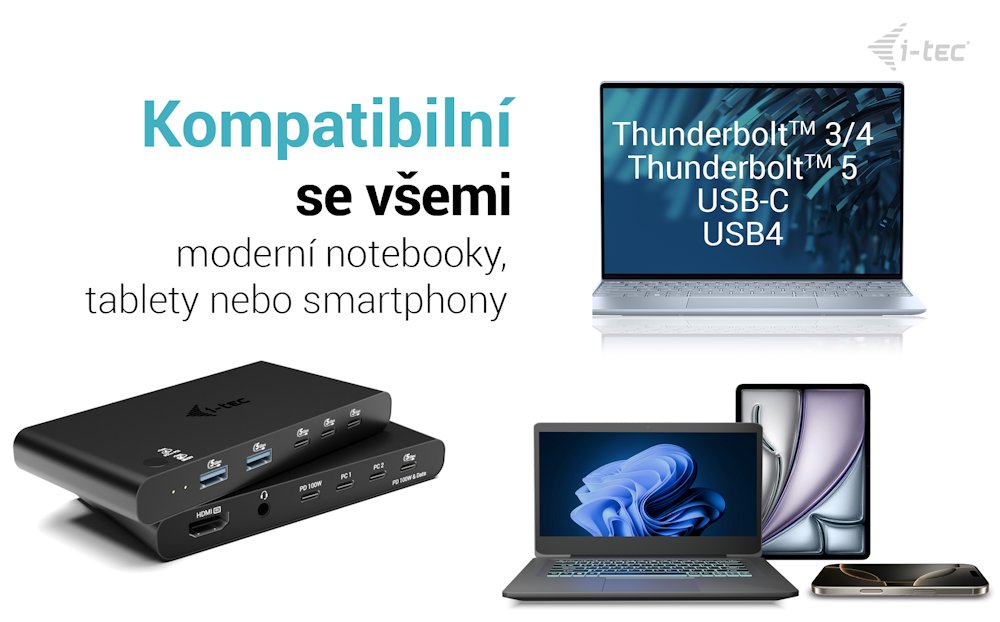 i-tec KVM dokovací stanice pro dva hositele, 4K HDMI, 3x USB-C, 2x USB-A, Power Delivery 2x 100W