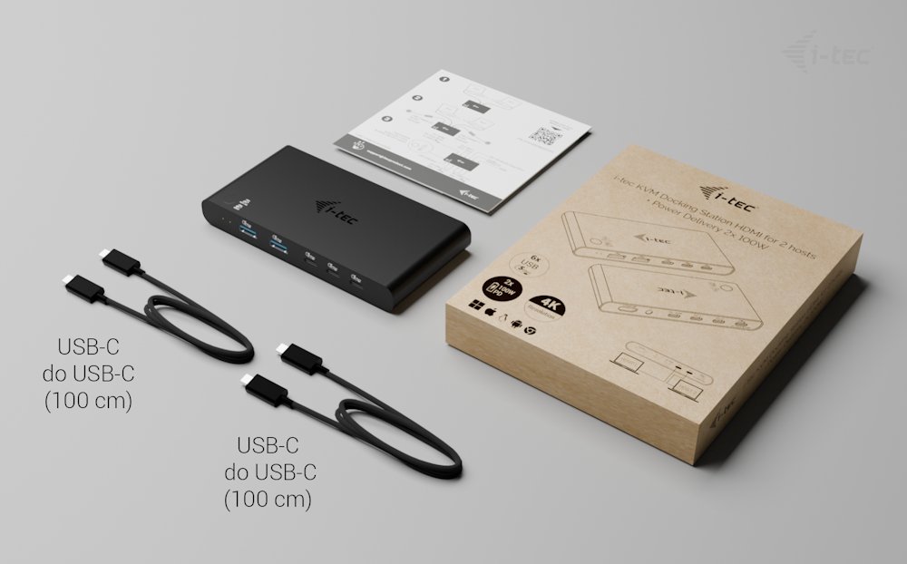 i-tec KVM dokovací stanice pro dva hositele, 4K HDMI, 3x USB-C, 2x USB-A, Power Delivery 2x 100W