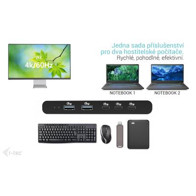 i-tec KVM dokovací stanice pro dva hositele, 4K HDMI, 3x USB-C, 2x USB-A, Power Delivery 2x 100W