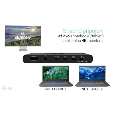 i-tec KVM dokovací stanice pro dva hositele, 4K HDMI, 3x USB-C, 2x USB-A, Power Delivery 2x 100W