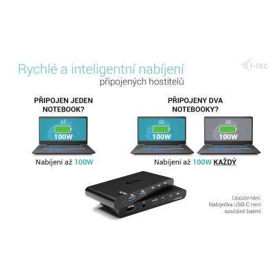 i-tec KVM dokovací stanice pro dva hositele, 4K HDMI, 3x USB-C, 2x USB-A, Power Delivery 2x 100W