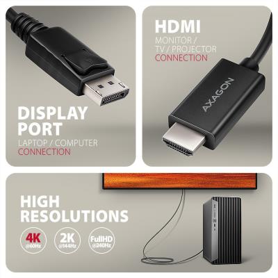 POŠKOZENÝ OBAL - AXAGON adaptér DP na HDMI / RVD-HI20C2 / 4K/60Hz / HDCP 2.3 / 1,8m / černý