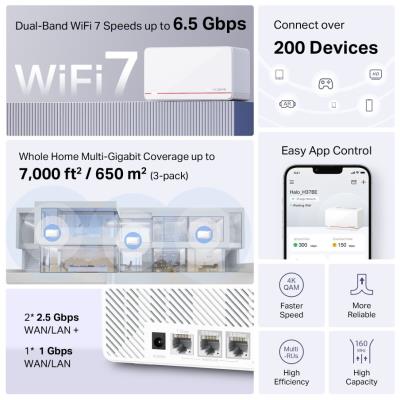 TP-Link Mercusys Halo H37BE(3-pack) WiFi systém, WiFi 7, BE6500, 2x 2,5GWAN/LAN, 1x GWAN/GLAN, 3ks v balení