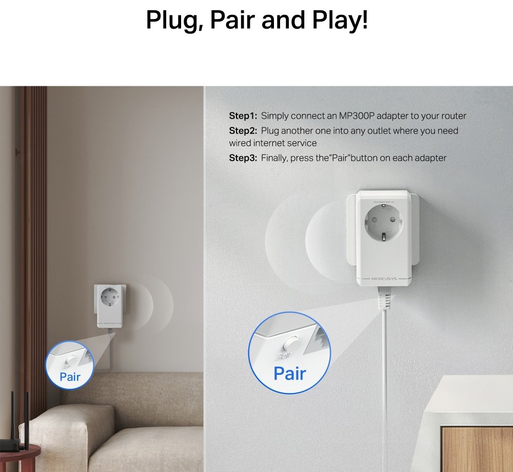 Mercusys MP300P KIT AV600 Powerline Starter KIT, 1x LAN, průchozí zásuvka, 2ks v balení