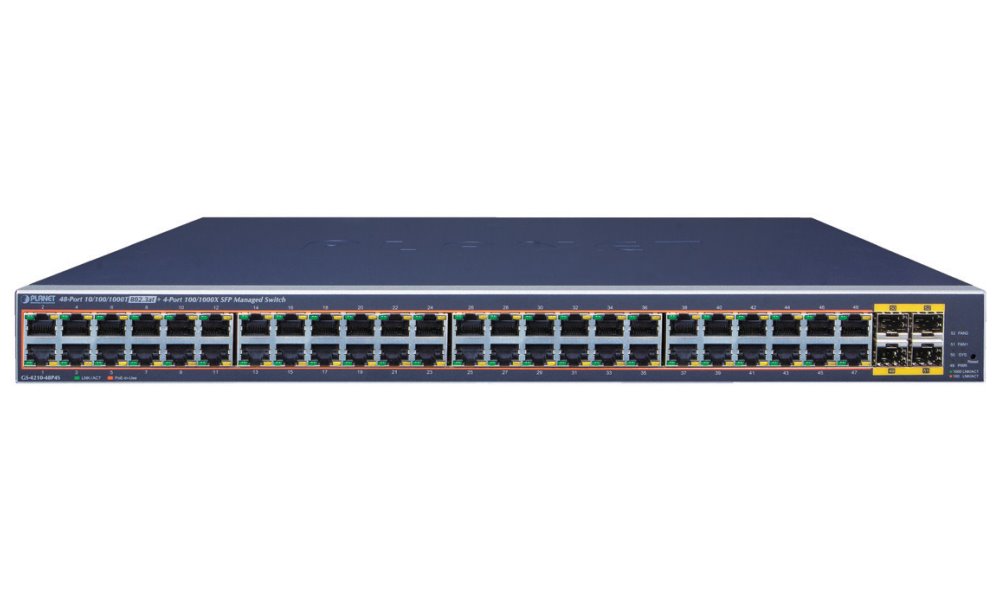 Planet GS-4210-48P4S PoE switch L2/L4, 48x 1000Base-T, 4x SFP, Web/SNMPv3, extend 10Mb/s, 802.3at 400W