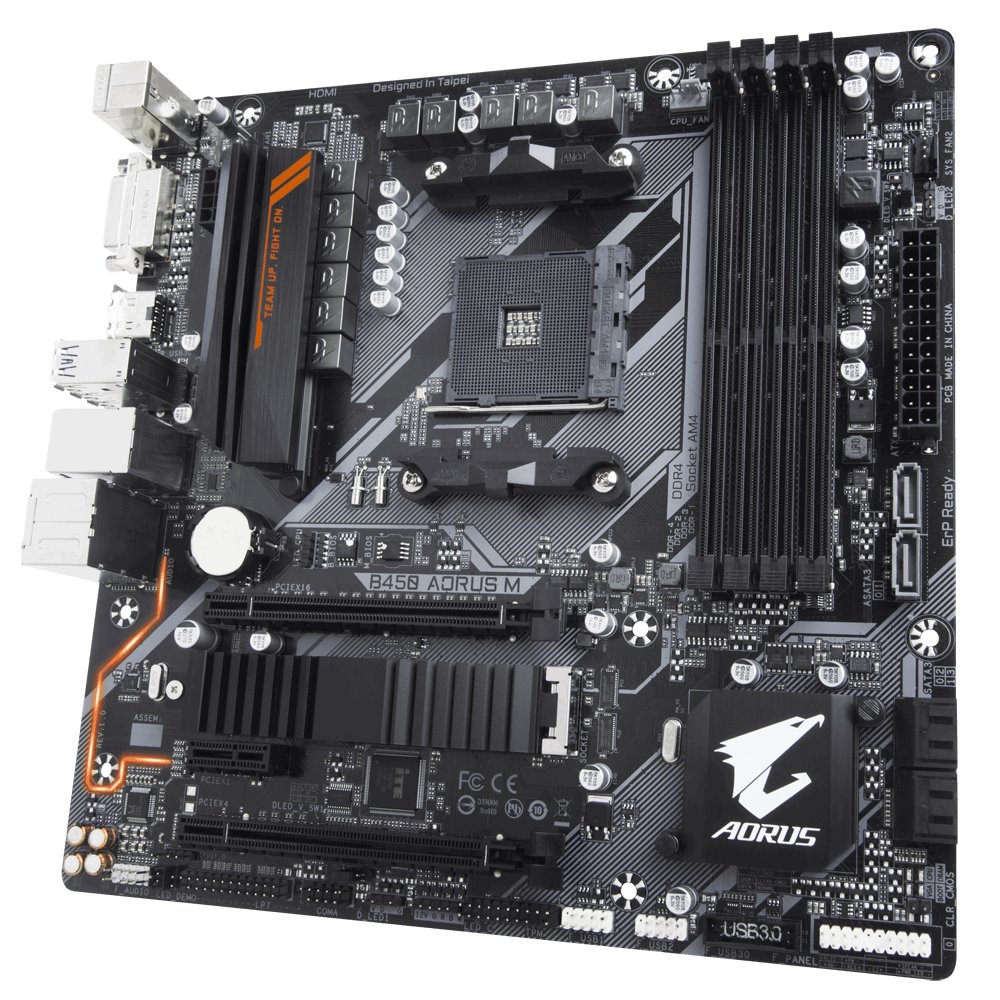GIGABYTE B450 AORUS M / AMD B450 / AM4 / 4x DDR4 / DVI-D / HDMI / M.2 / mATX