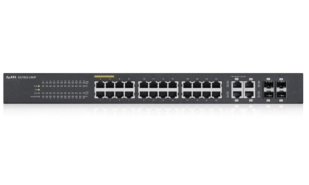 Zyxel GS1920-24HPv2 28-port Gigabit WebManaged PoE Switch, 24x gigabit RJ45, 4x gigabit RJ45/SFP, 802.3at, 375W pro PoE