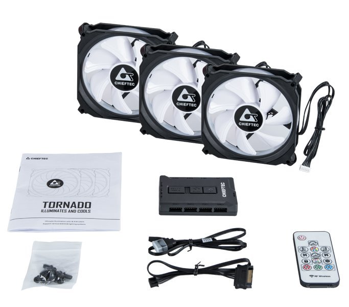 CHIEFTEC sada ventilátorů Tornado / 3x 120mm fan / RGB LED / RGB ovladač / Dálkové ovládání / ultratichý 16 dBa