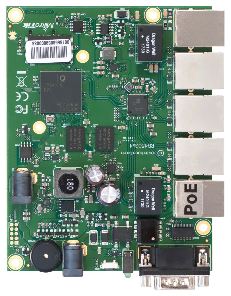 MikroTik RouterBOARD RB450Gx4, 1 GB RAM, IPQ-4019 (716 MHz), 5× GbE, 802.3af/at, licence L5