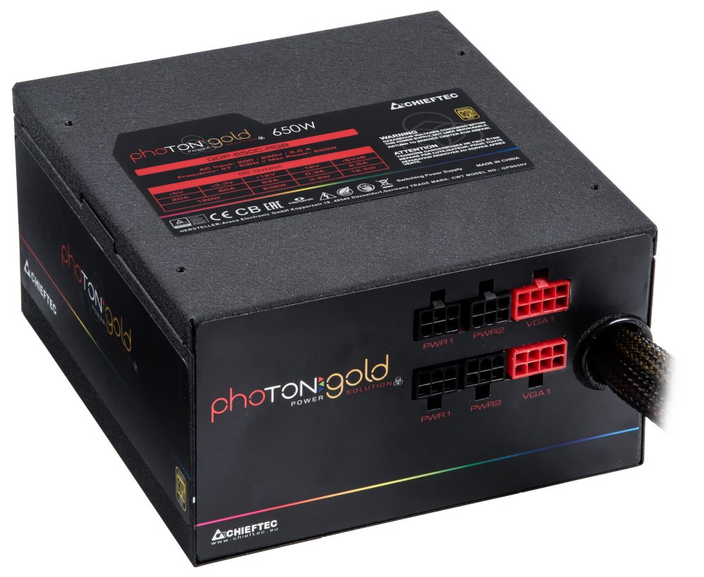 CHIEFTEC zdroj GDP-650C-RGB / Photon Gold Series / 650W / 140mm fan / akt. PFC / modulární kabeláž / 80PLUS Gold