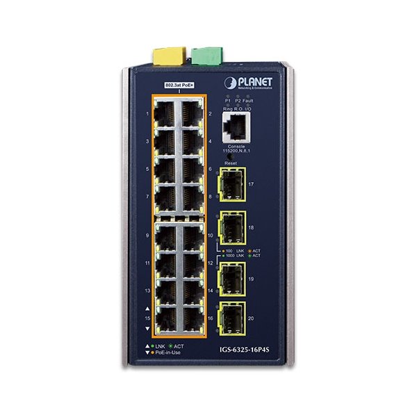 Planet IGS-6325-16P4S průmyslový L3 switch, 16x1Gb, 4x2.5G SFP, PoE 802.3at 320W, 48-56VDC, -40~75°C, IP30, fanless