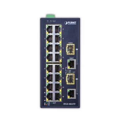Planet IFGS-1822TF průmyslový switch, 16x100M + 2x1Gb/SFP, -40 až 75st.C, dual 9-48VDC, IP30, fanless