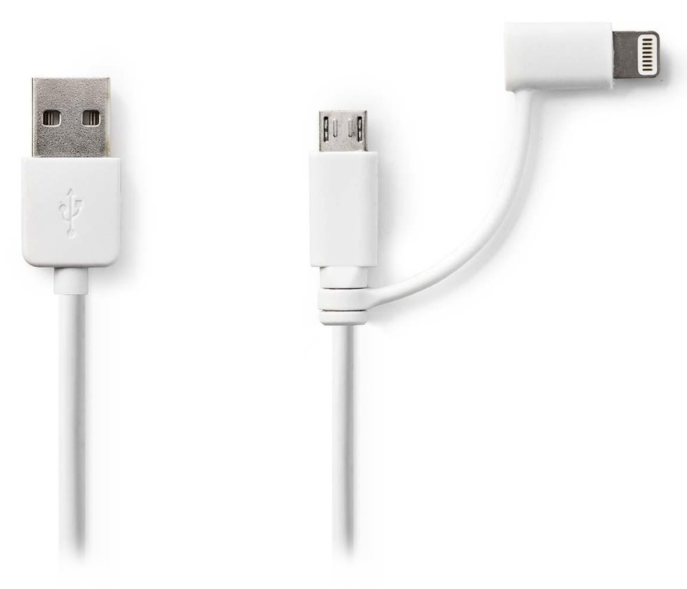 NEDIS synchronizační a nabíjecí kabel 2 v 1/ USB Micro B Zástrčka + Adaptér Lightning - A Zástrčka/ bílý/ 1m
