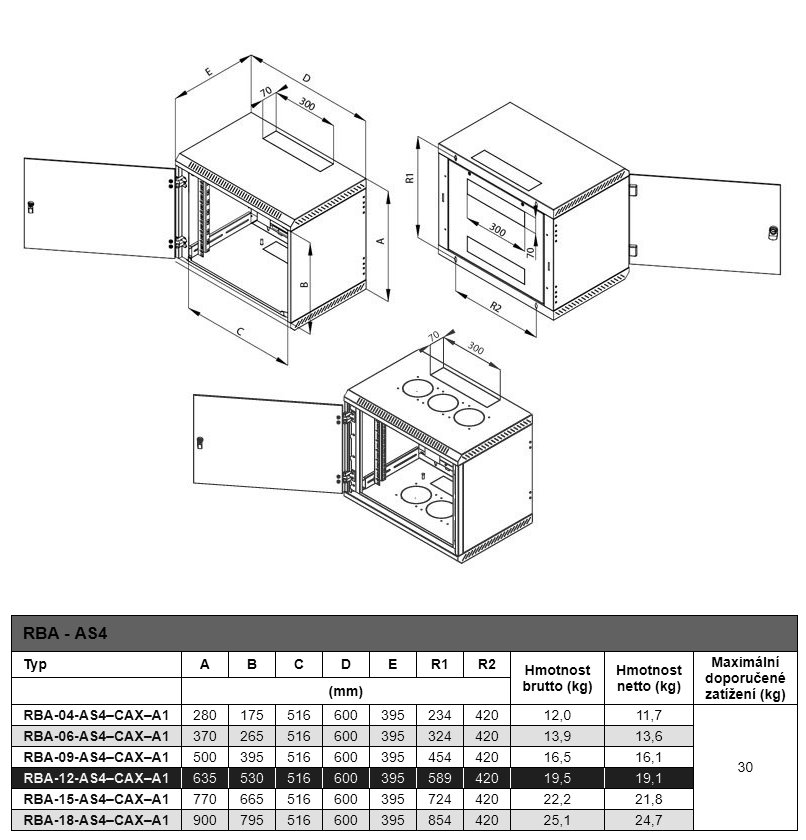 Triton 19' rozvaděč jednodílný 12U/395mm vylamovací otvor pro ventilátor RAL7035