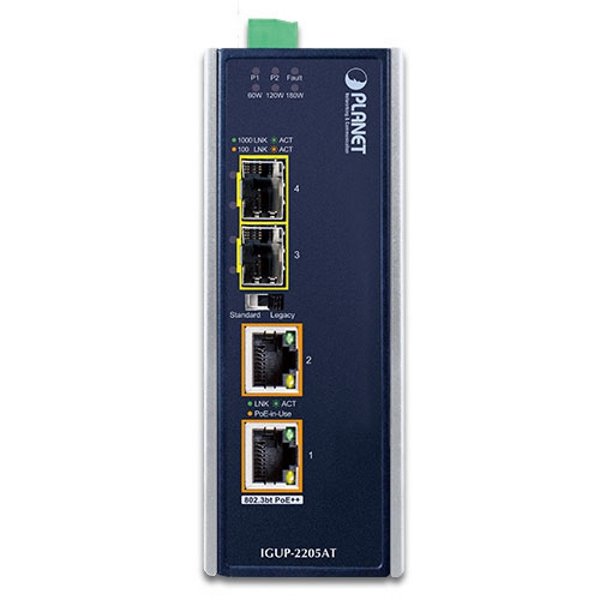 Planet IGUP-2205AT PoE++ konvertor 802.3bt, 2x 1000Base-T, 2x SFP 100/1000Base-X, dual power 12-56VDC, -40 až 75st.