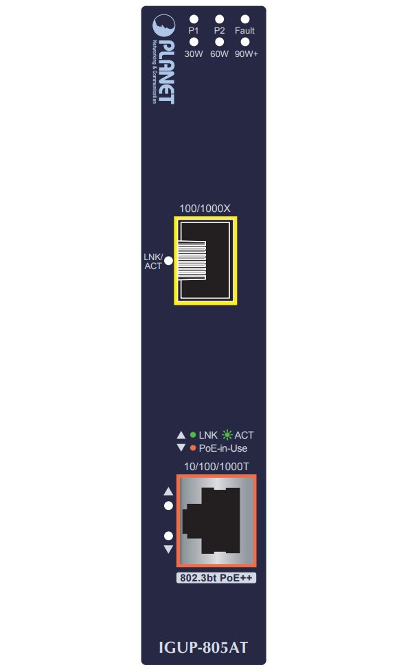 Planet IGUP-805AT PoE++ konvertor 802.3bt 95W, 1x 1000Base-T, 1x SFP 100/1000Base-X, dual power 12-56VDC, -40 až 75st.
