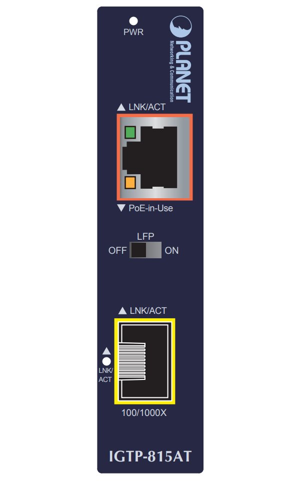 Planet IGTP-815AT konvertor RJ45/SFP, 1Gbps, PoE injektor 802.3at, -40 až 75 st.C, IP30, EFT+ESD, malý rozměr