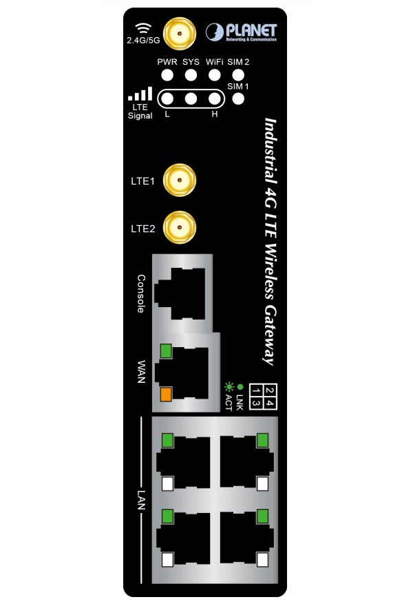 Planet IoT/M2M průmyslová brána, 1xWAN+3xLAN 1Gb, 2xLTE, WiFi ac, 3xCOM, I/O, DIN, IP30, -35/+75C, 9-36VDC