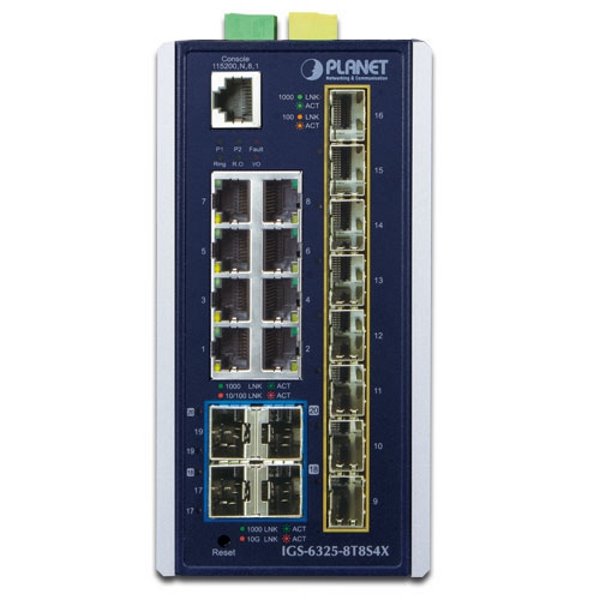 Planet IGS-6325-8T8S4X průmyslový L3 switch, 8x1Gb, 8x2.5Gb SFP + 4x10Gb SFP+, 12-48VDC, -40~75°C, IP30, fanless