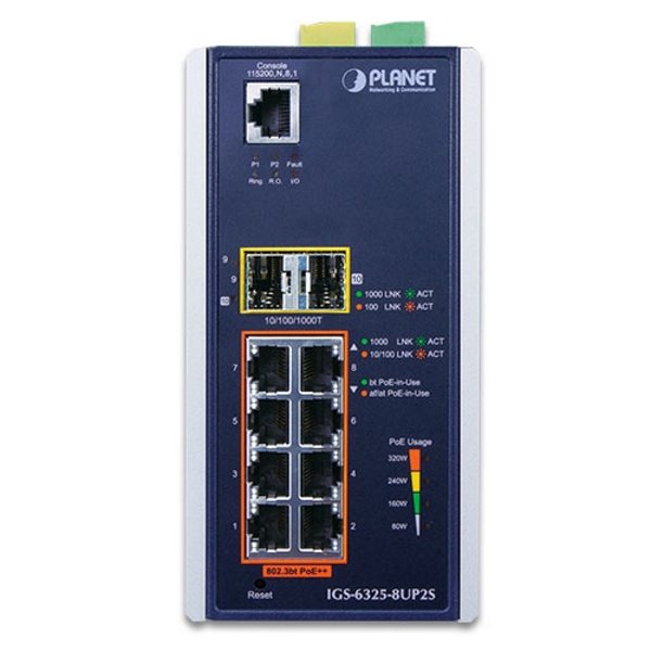 Planet IGS-6325-8UP2S průmyslový L3 switch, 8x1Gb, 2x2.5Gb SFP, PoE 802.3bt 360W, 48-54VDC, -40~75°C, fanless