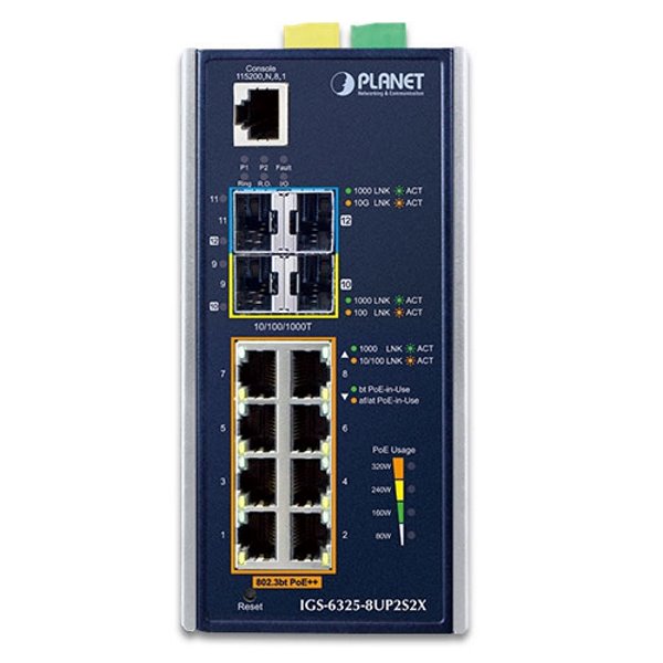 Planet IGS-6325-8UP2S2X průmyslový L3 switch, 8x1Gb, 2x2.5Gb SFP, 2x10Gb SFP+, 90/360W, 48-54VDC, -40~75°C, fanless