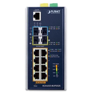 Planet IGS-6325-8UP2S2X průmyslový L3 switch, 8x1Gb, 2x2.5Gb SFP, 2x10Gb SFP+, 90/360W, 48-54VDC, -40~75°C, fanless