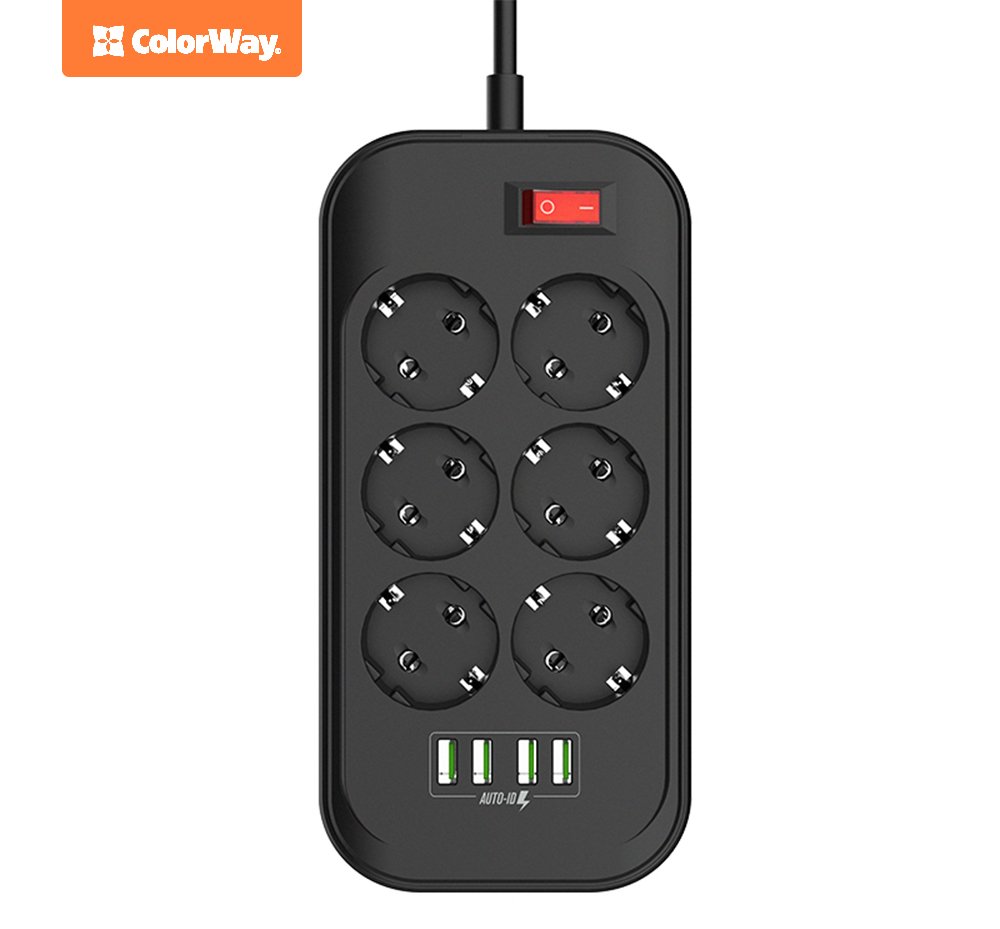 COLORWAY Prodlužovací napájecí přívod/ 6x Schuko/ 4x USB 5V / kabel 2m