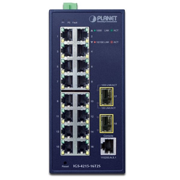 Planet IGS-4215-16T2S průmyslový L2 switch, 16x1Gb, 2x1Gb SFP, dual 12-48VDC , -40~75°C, 1x RJ45 serial port, IP30