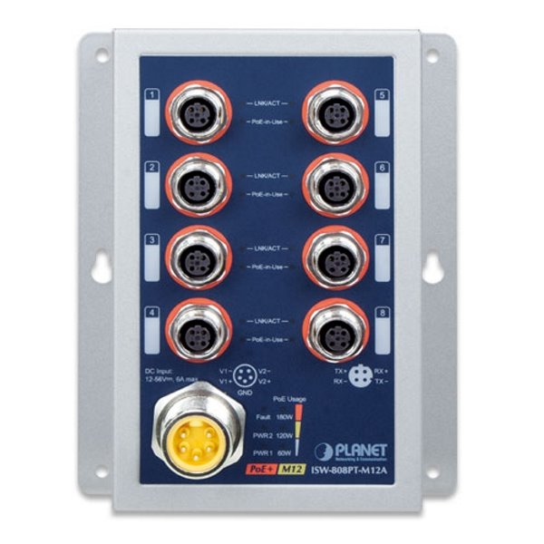 Planet Průmyslový PoE switch 8x 100Mb, PoE 802.3at 36W/180W, IP50, -40~+75°C, 12-56VDC, M12 konektory