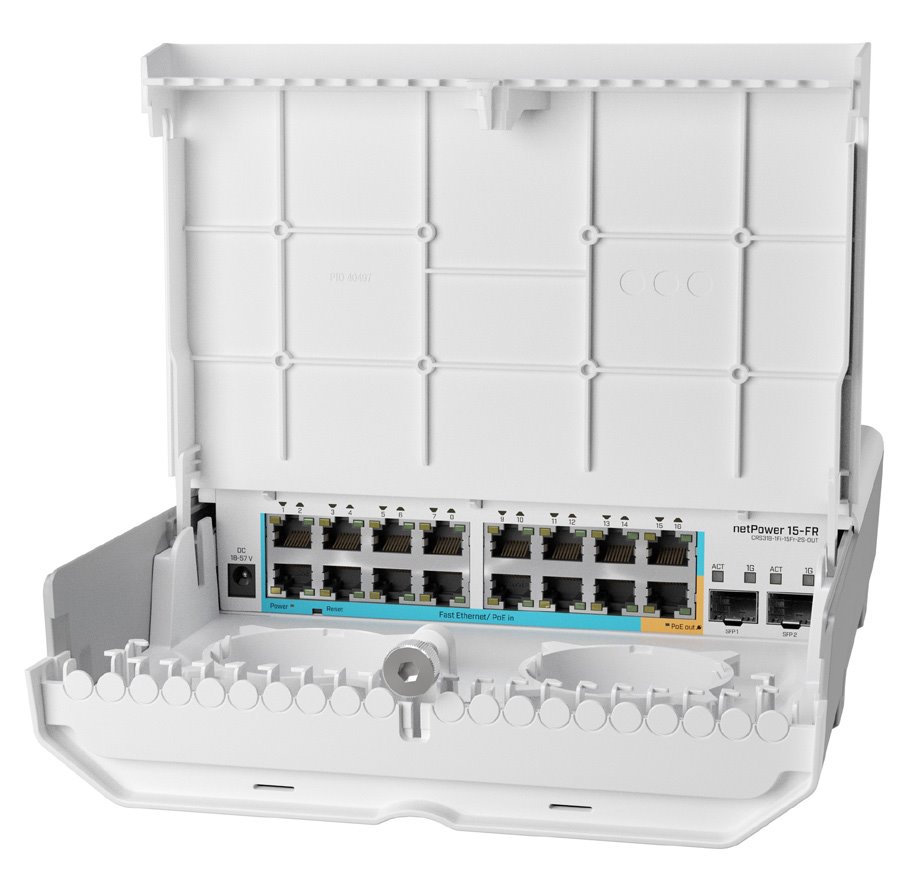 MikroTik netPower 15FR, 15x FE PoE in, 1x FE PoE out, 2x SFP, L5, venkovní