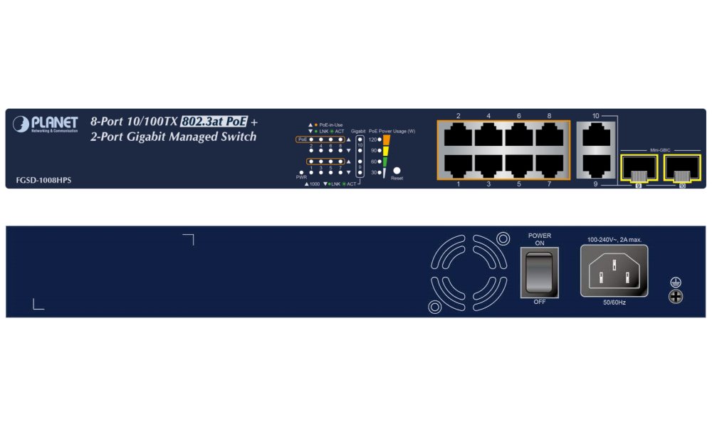 Planet FGSD-1008HPS L2 switch, 8x100Mb, 2x1Gb SFP, 8x PoE 802.3at 125W