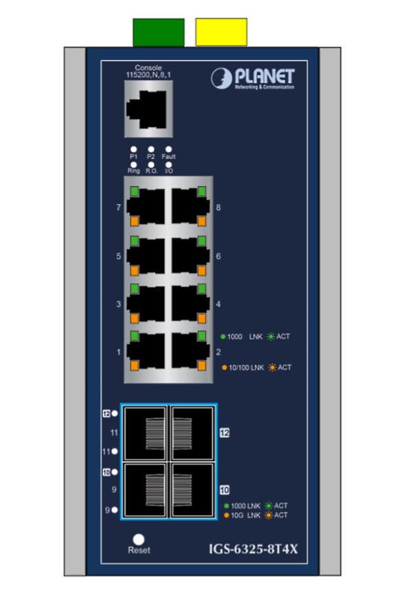Planet IGS-6325-8T4X průmyslový L3 switch, 8x1Gb, 4x10Gb SFP+, 12-48VDC, -40~75°C, IP30, fanless