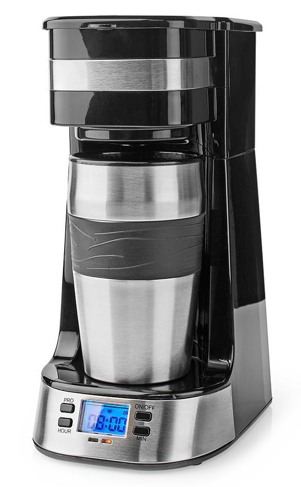 NEDIS kávovar/ na jeden šálek/ dvoustěnný cestovní hrnek/ kapacita 0,42 l/ časovač/ černý