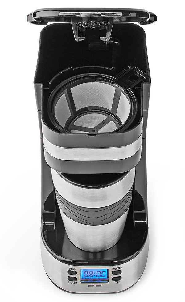 NEDIS kávovar/ na jeden šálek/ dvoustěnný cestovní hrnek/ kapacita 0,42 l/ časovač/ černý