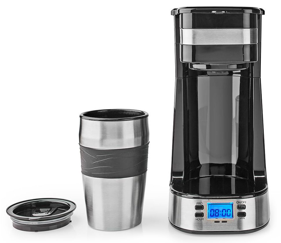 NEDIS kávovar/ na jeden šálek/ dvoustěnný cestovní hrnek/ kapacita 0,42 l/ časovač/ černý