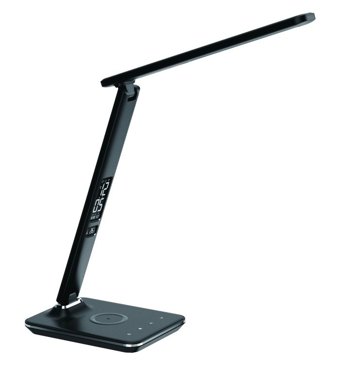 IMMAX LED stolní lampička Kingfisher/ Qi nabíjení/ 8,5W/ 400lm/ 12V/2,5A/ 3 barvy světla/ sklápěcí rameno/ černá