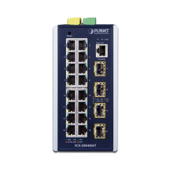 Planet IGS-20040MT L3 switch, 16x1Gb, 4x1Gb SFP, 9-48VDC, -40~75°C, IP30